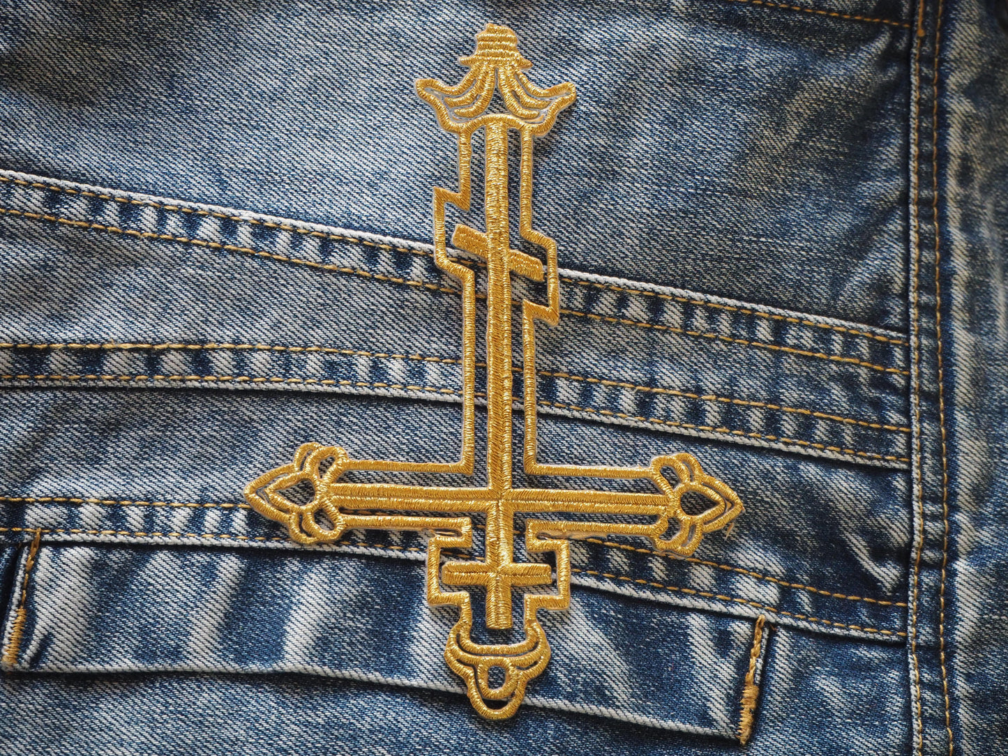 Inverted Gold Cross Embroidered patch