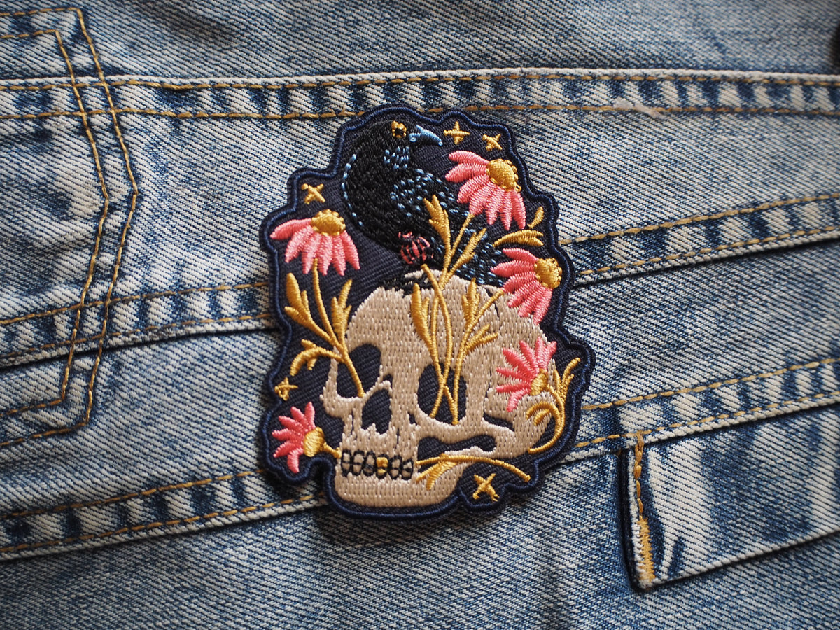 Skull Raven and Flowers Embroidered Patch
