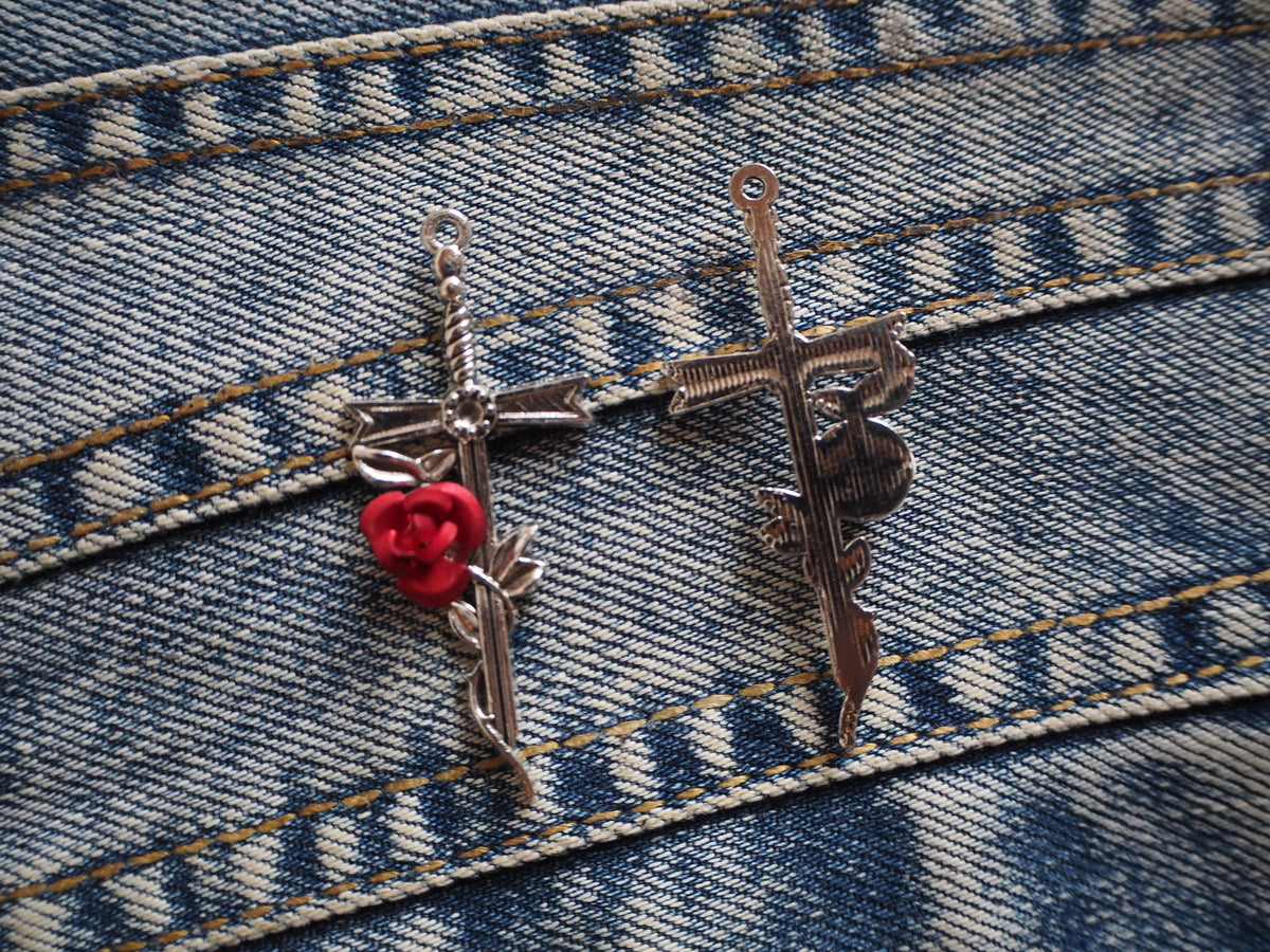 Medieval Fantasy Sword and Rose Metal Pendant Charm