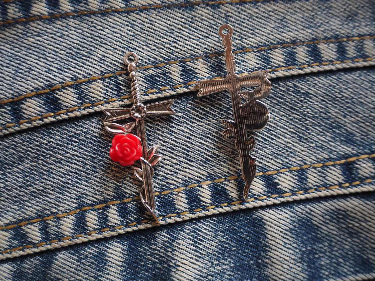 Medieval Fantasy Sword and Rose Metal Pendant Charm
