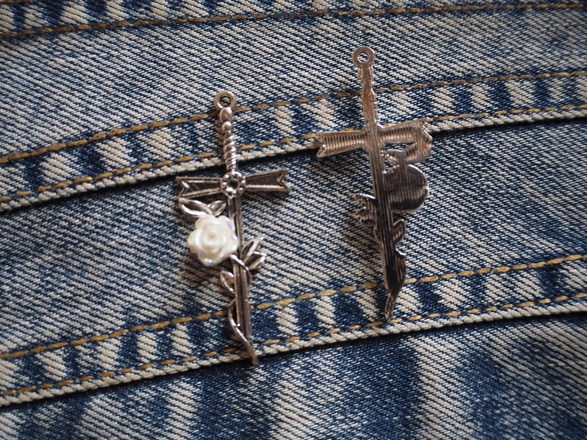 Medieval Fantasy Sword and Rose Metal Pendant Charm