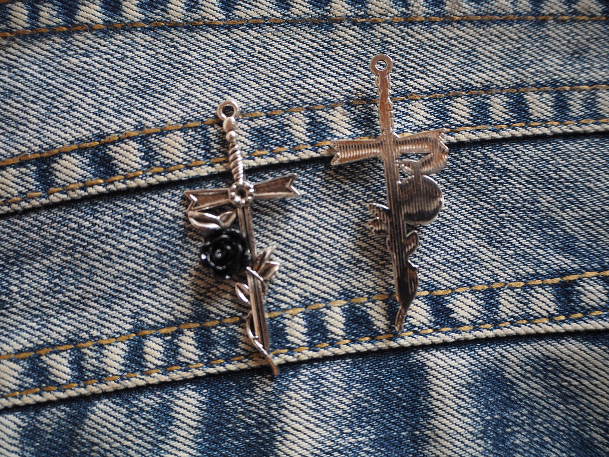 Medieval Fantasy Sword and Rose Metal Pendant Charm