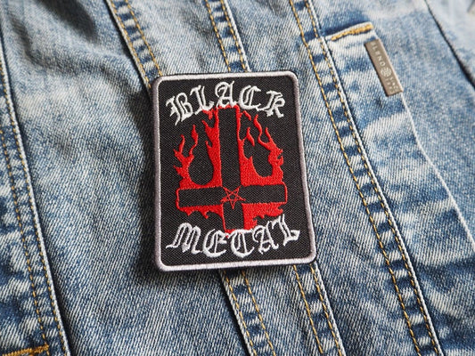 Flame Inverted Cross Black Metal Embroidered Patch